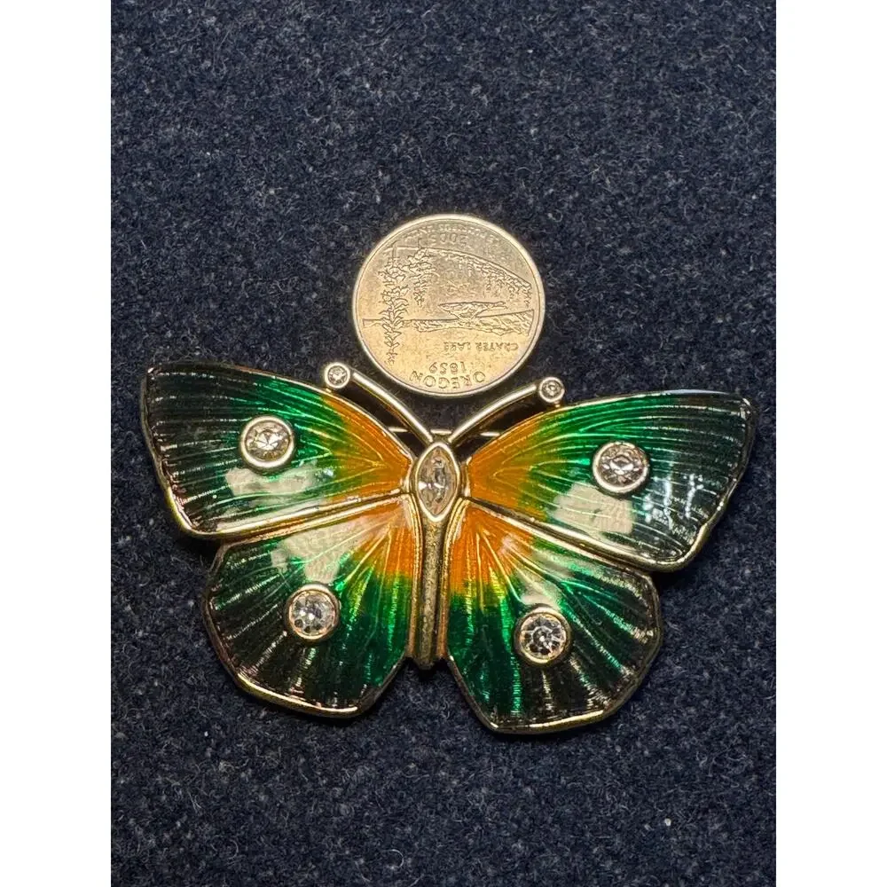 Swaroski Green Blue Yeall Enamel Butterfly Brooch Rhinestone Accents